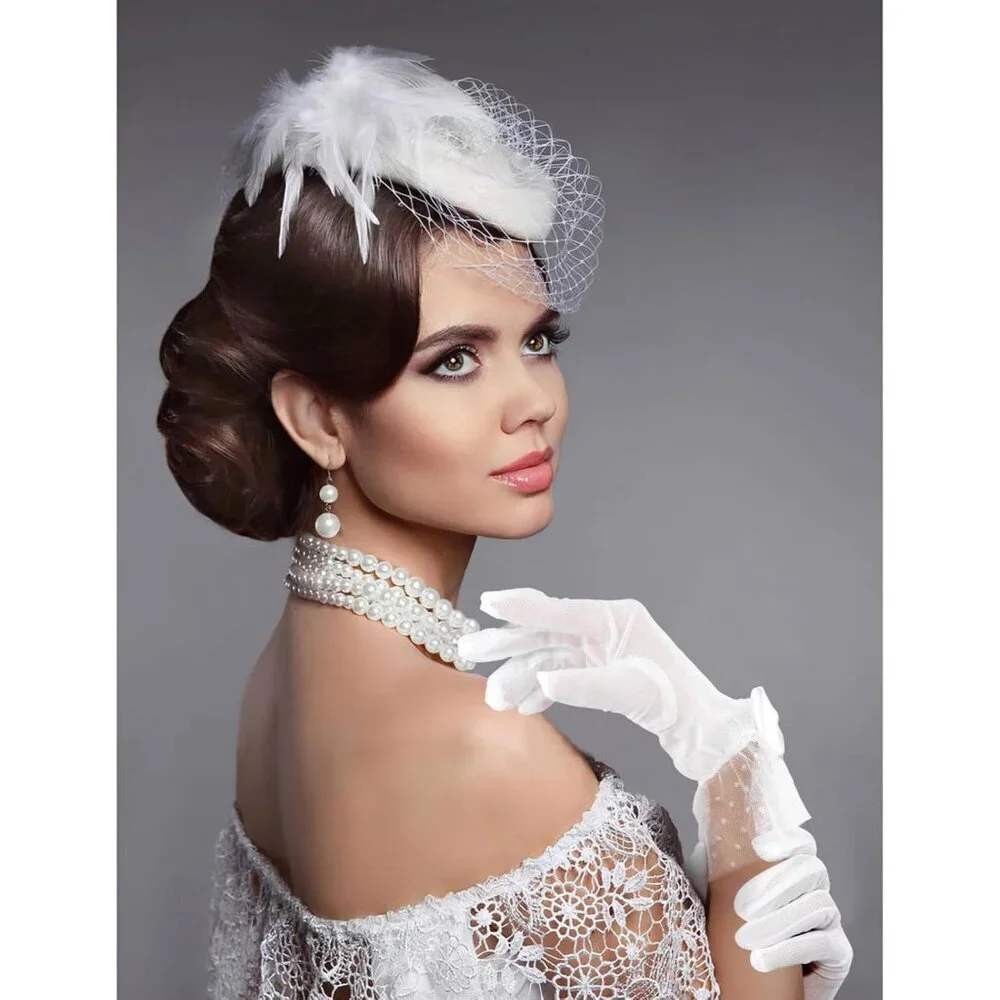 Women's White Bow Short Lace Veil Feather Derby Tea Party Elegant Gloves Styles